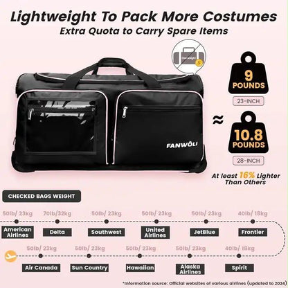 Fanwoli 28" Rolling Dance Bag with Garment Rack Competition Duffel Black