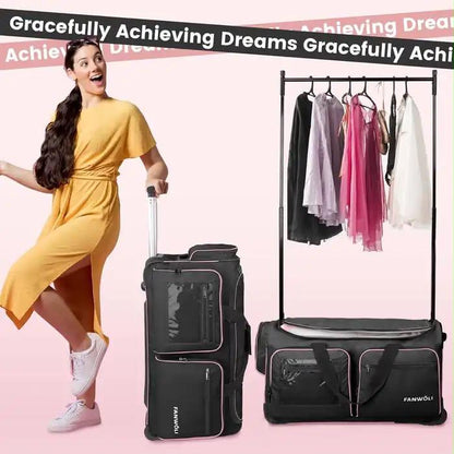 Fanwoli 28" Rolling Dance Bag with Garment Rack Competition Duffel Black
