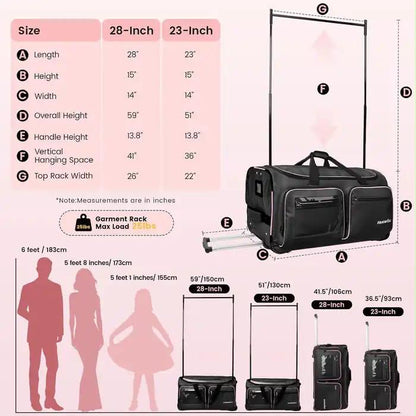 Fanwoli 28" Rolling Dance Bag with Garment Rack Competition Duffel Black