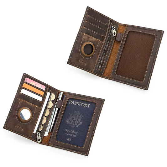 Genuine Leather Passport Wallet AirTag Slot Travel Card Holder for Men Women