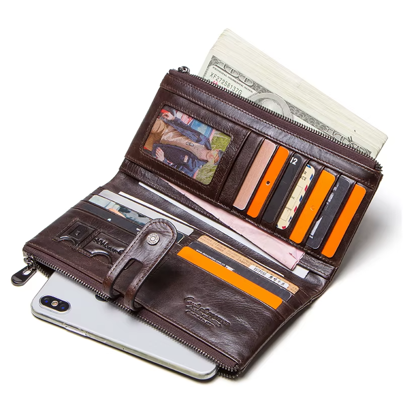 Men’s Genuine Leather Clutch Wallet Long Zipper Coin Purse & Card Holder
