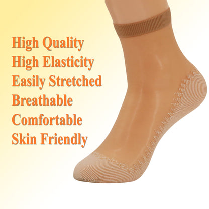 Women's anti-slip sheer ankle socks with cotton sole, 6 pairs, in beige, product information graphic