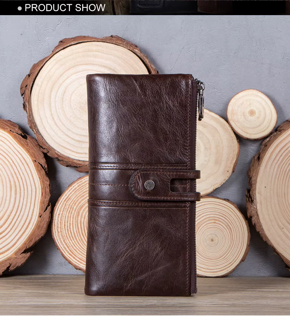 Men’s Genuine Leather Clutch Wallet Long Zipper Coin Purse & Card Holder