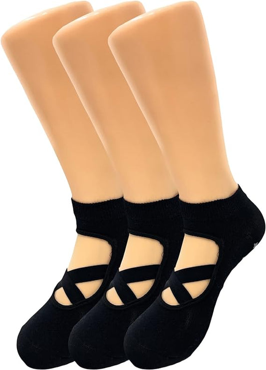 3 Pairs Women’s Grip Yoga Socks with Straps Non Slip for Pilates Barre Size 5-7