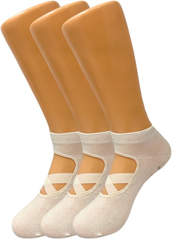 3 Pairs Women’s Grip Yoga Socks with Straps Non Slip for Pilates Barre Size 5-7