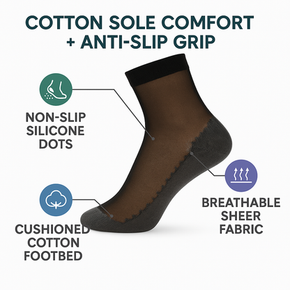 Women's non-slip sheer ankle socks with cushioned cotton sole, 3 pack, in black