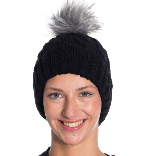 Women's Winter Knit Slouch Beanie Hat with Faux Fur Pom Warm Soft Stretch One Size