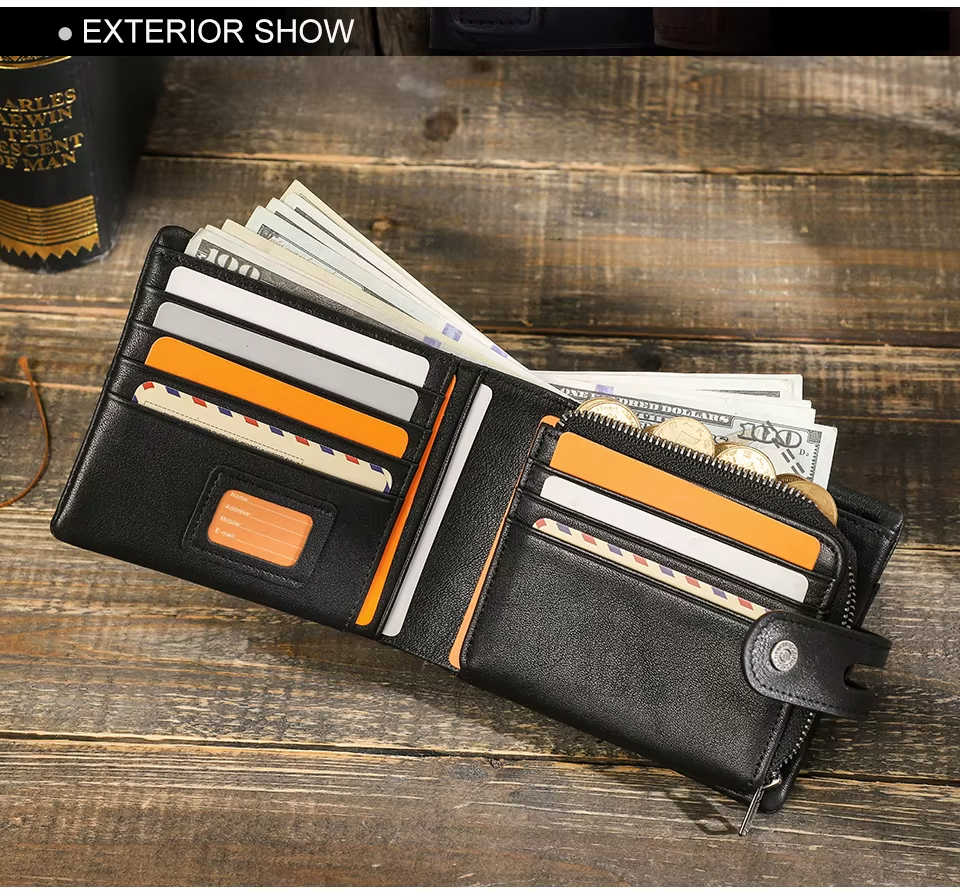 Genuine Leather Men Wallet RFID Blocking Short Coin Purse with Card Slots
