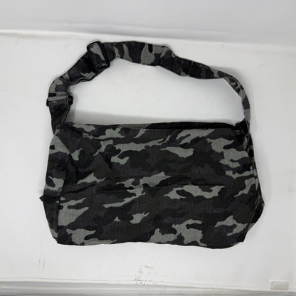 Actual item photo: gray and black camouflage canvas hobo crossbody bag with attached adjustable strap