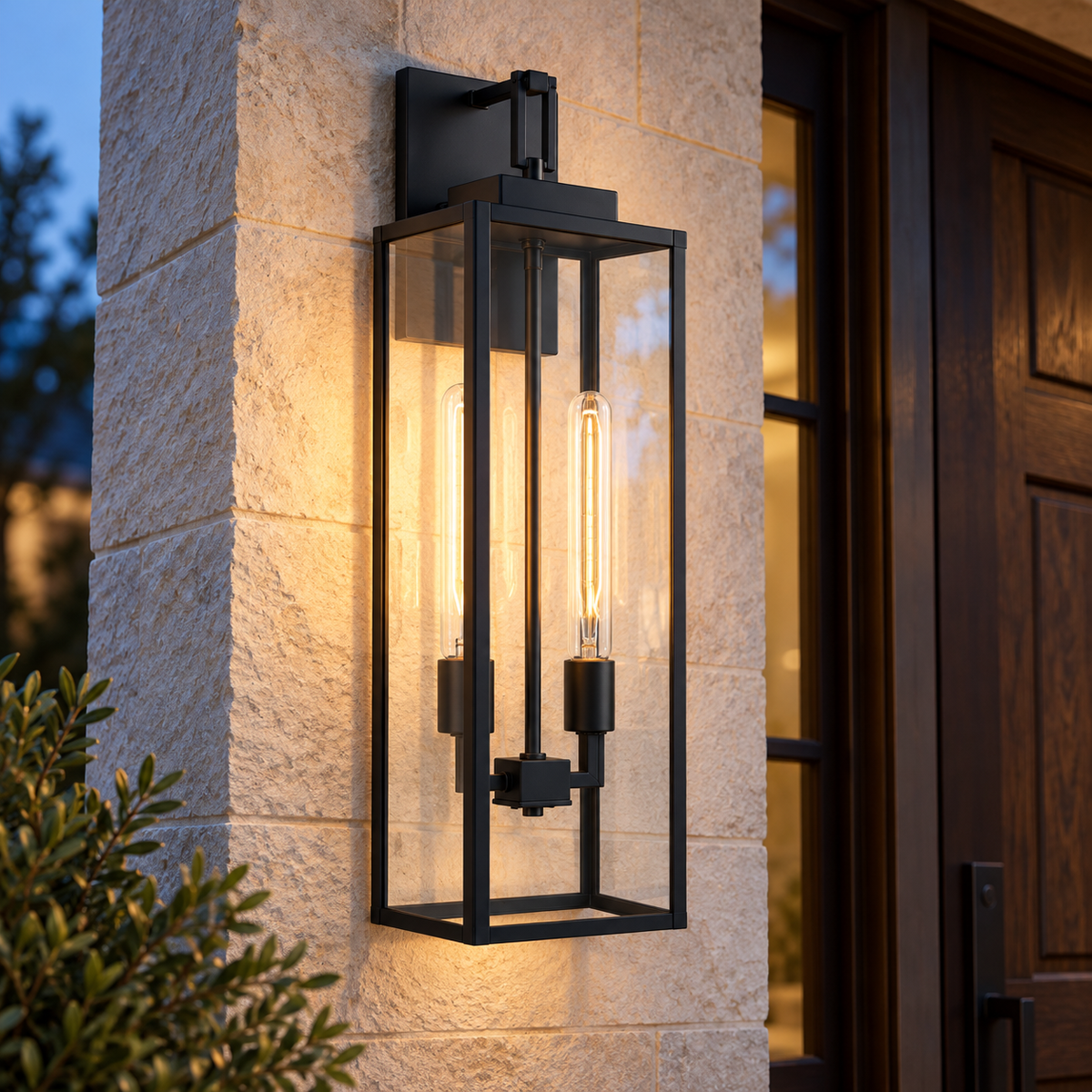 Two-light matte black outdoor wall lantern with clear glass beside a wood entry door