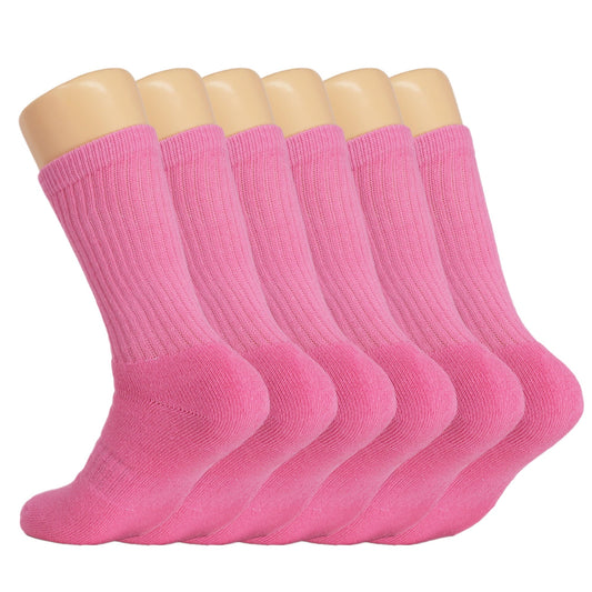 6 Pairs Women’s Pink Cotton Crew Socks Size 10-13 Terry Cushion Breathable Soft