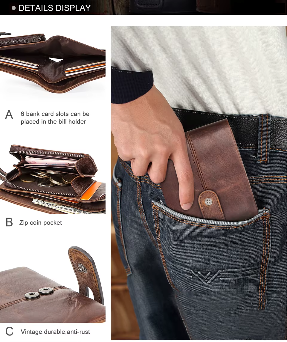 Genuine Leather Men Wallet RFID Blocking Short Coin Purse with Card Slots