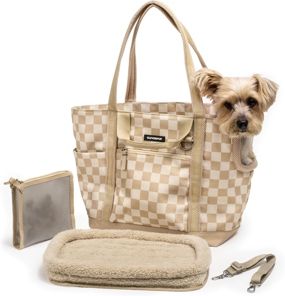 Cleverpup Transit Tote Dog Carrier Medium Tan Checkerboard Travel Shoulder Bag