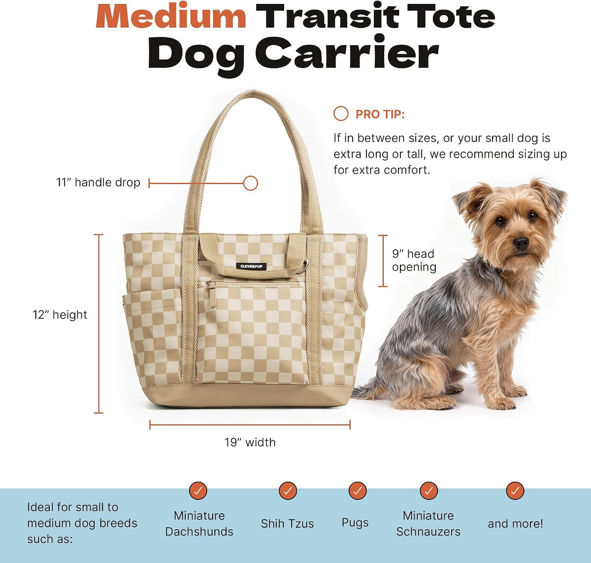 Cleverpup Transit Tote Dog Carrier Medium Tan Checkerboard Travel Shoulder Bag