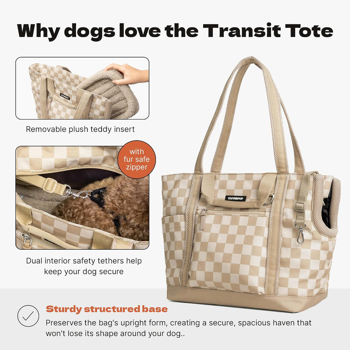 Cleverpup Transit Tote Dog Carrier Medium Tan Checkerboard Travel Shoulder Bag