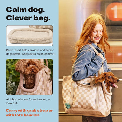 Cleverpup Transit Tote Dog Carrier Medium Tan Checkerboard Travel Shoulder Bag