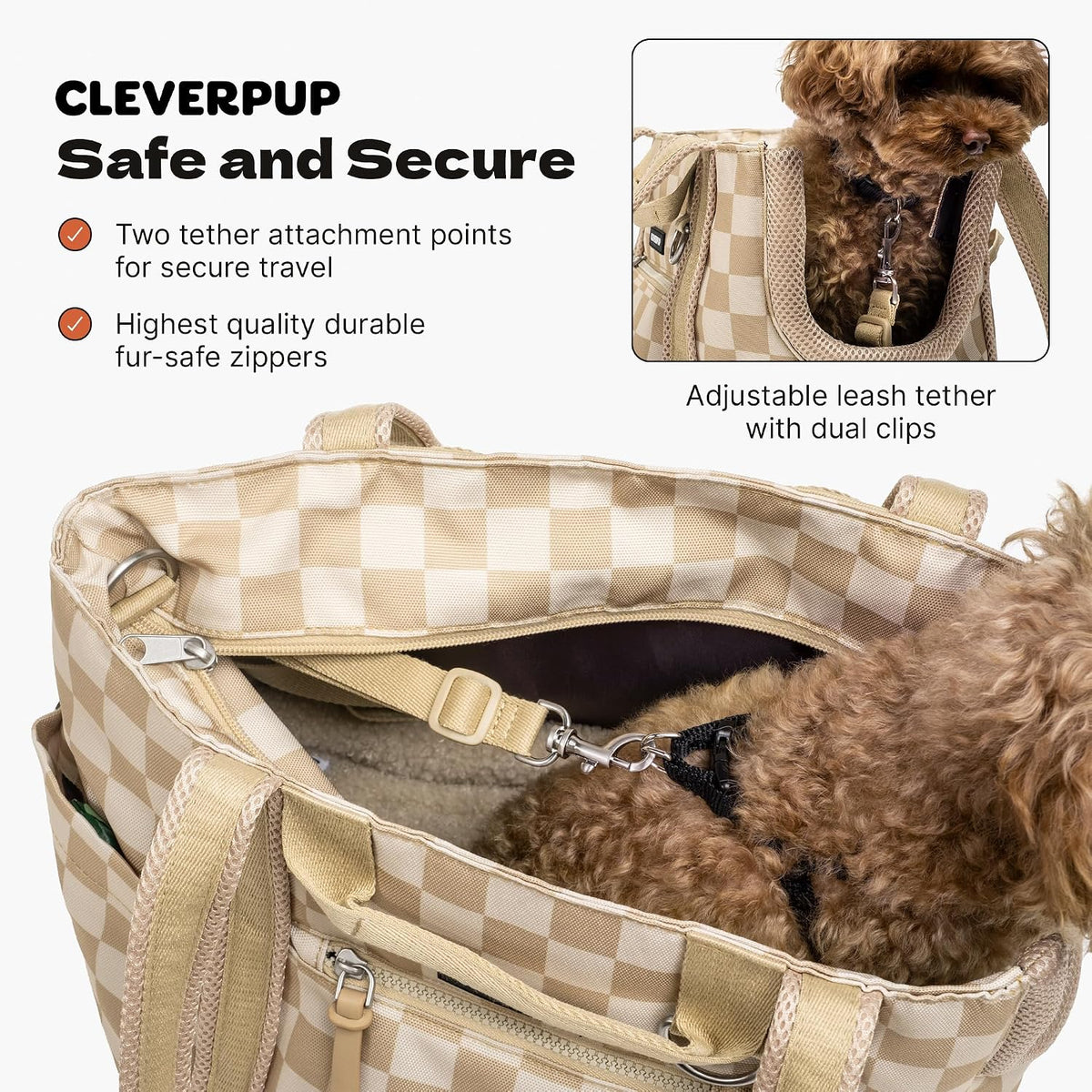 Cleverpup Transit Tote Dog Carrier Medium Tan Checkerboard Travel Shoulder Bag