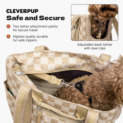 Cleverpup Transit Tote Dog Carrier Medium Tan Checkerboard Travel Shoulder Bag