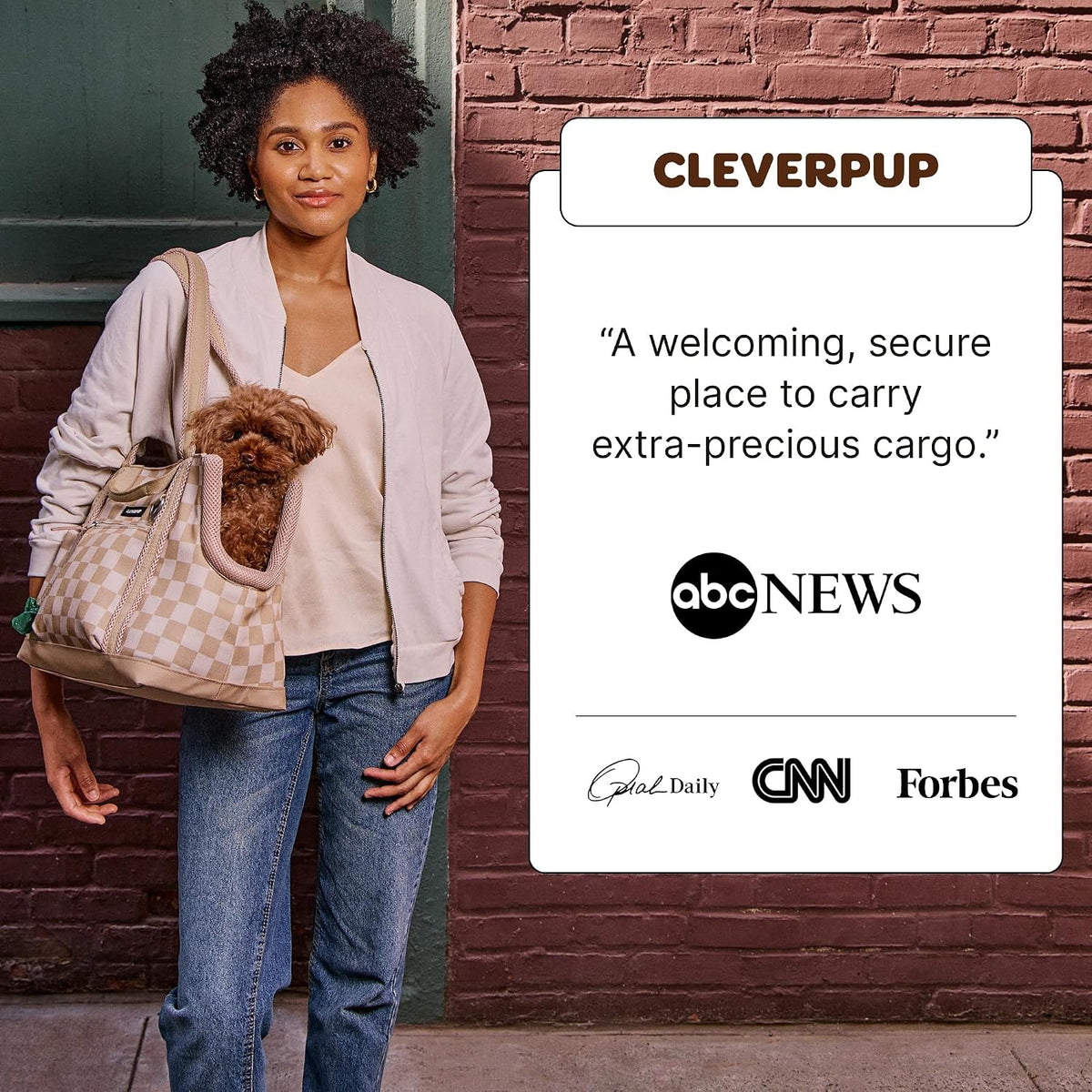 Cleverpup Transit Tote Dog Carrier Medium Tan Checkerboard Travel Shoulder Bag