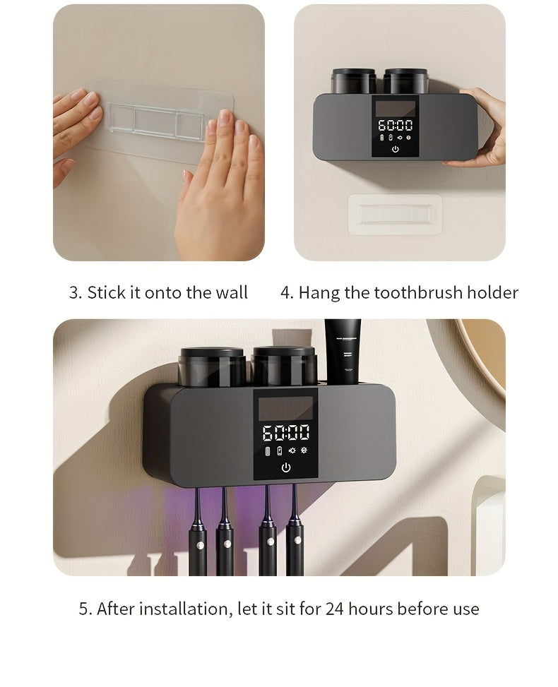 Smart Toothbrush Holder UV Sterilizer Wall Mount USB Charging 4 Brush Slots 2 Cups