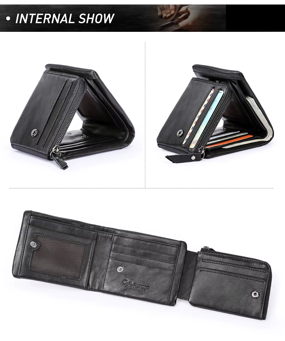 Men’s Genuine Leather Trifold Wallet with Zipper Coin Pocket & Card Holder