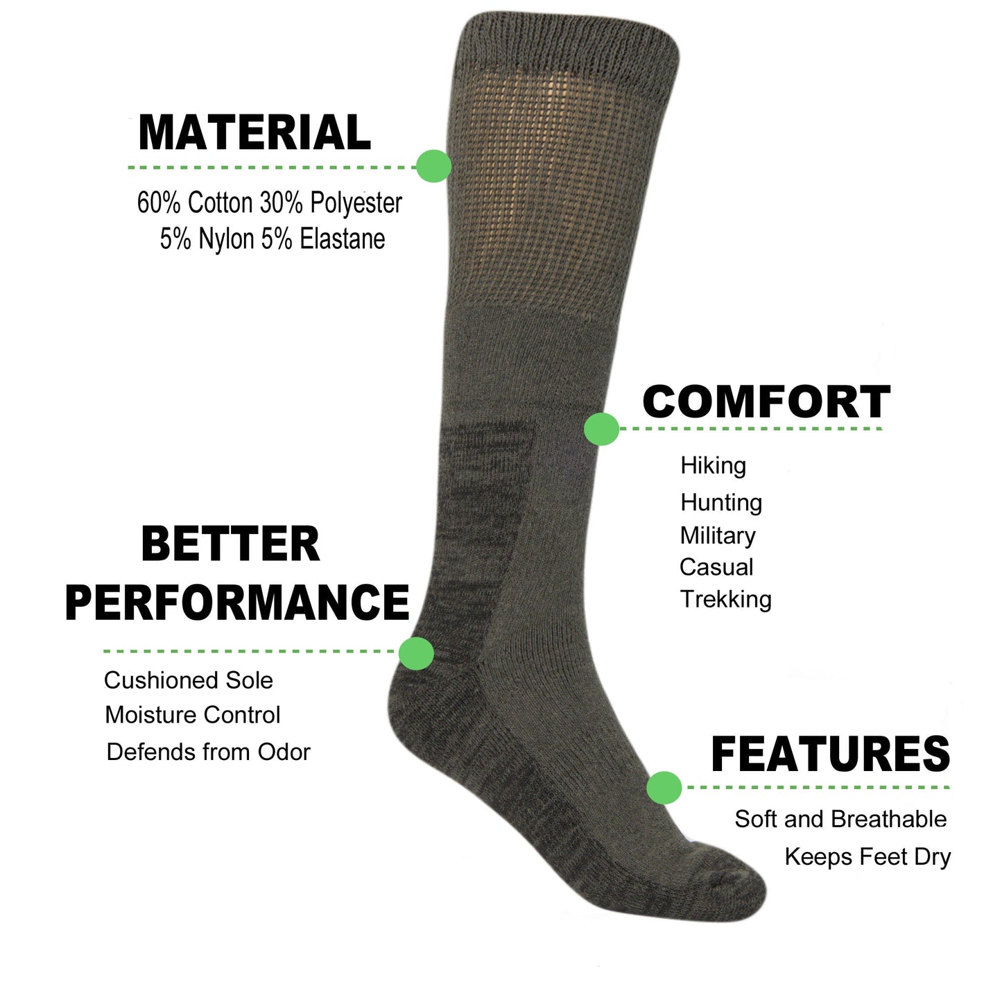 Men’s Over-the-Calf Tactical Boot Socks Cushioned Military Hiking Odor Control 6-12