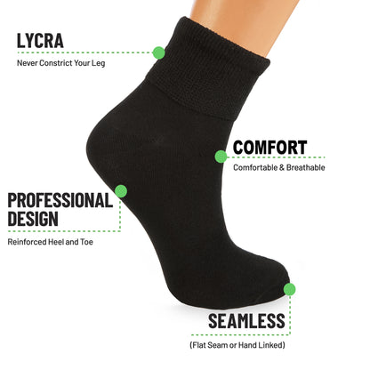 Non-binding diabetic ankle socks made in the USA, 3 pairs, in black, product information graphic