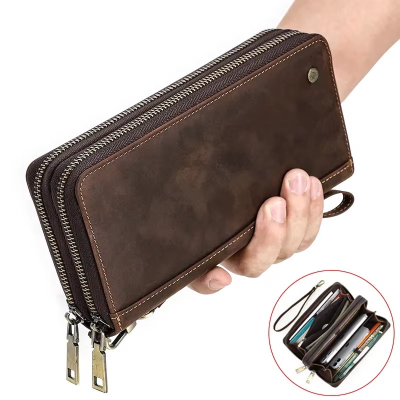 Genuine Leather Men's Long Wallet Clutch with Double Zipper & Card Slots