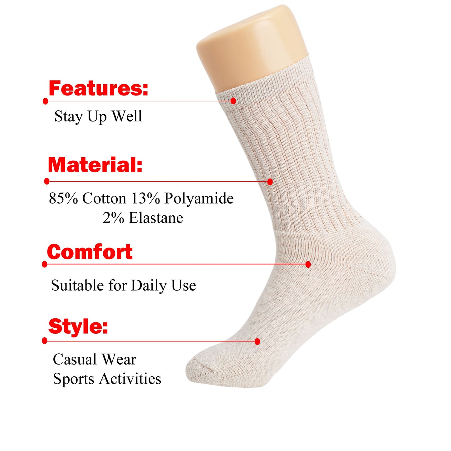 Women's Ecru Cotton Crew Socks 3 Pairs Cushioned Breathable Fit Shoe Size 5-10