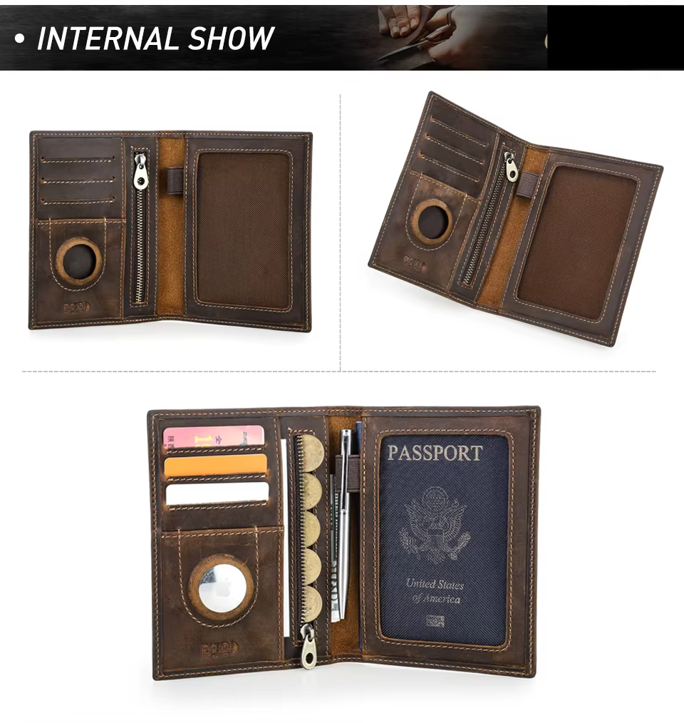 Genuine Leather Passport Wallet AirTag Slot Travel Card Holder for Men Women