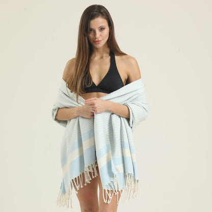 Oversized 100% Turkish cotton beach towel, 71 x 36 inches, in light blue