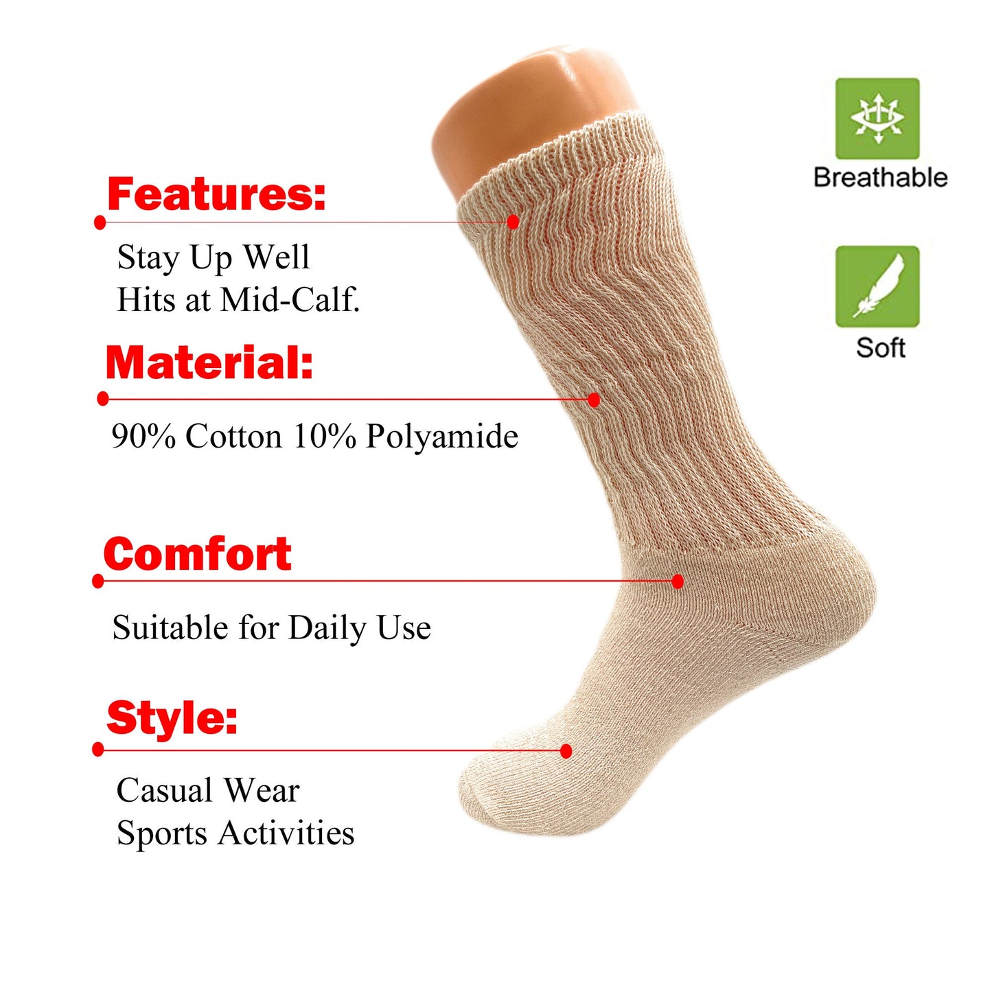 Women’s Mid-Calf Cotton Crew Socks 3 Pack Cushioned Athletic Fit Size 5-10