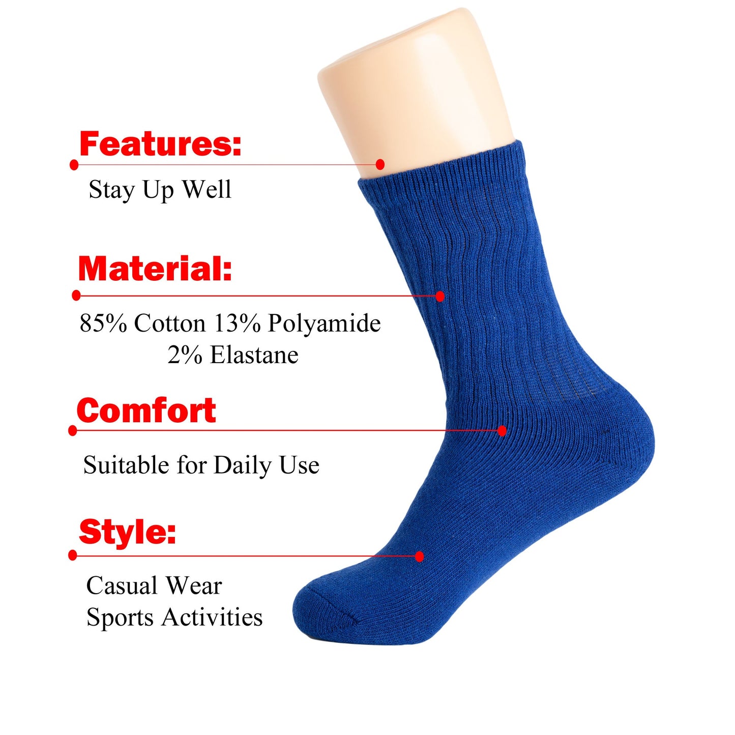 Women’s Royal Blue Crew Socks – 3 Pairs Cotton Soft Cushioned Size 5-10