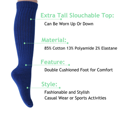 Navy cotton-blend slouch socks for women, shoe size 5-10, product information graphic