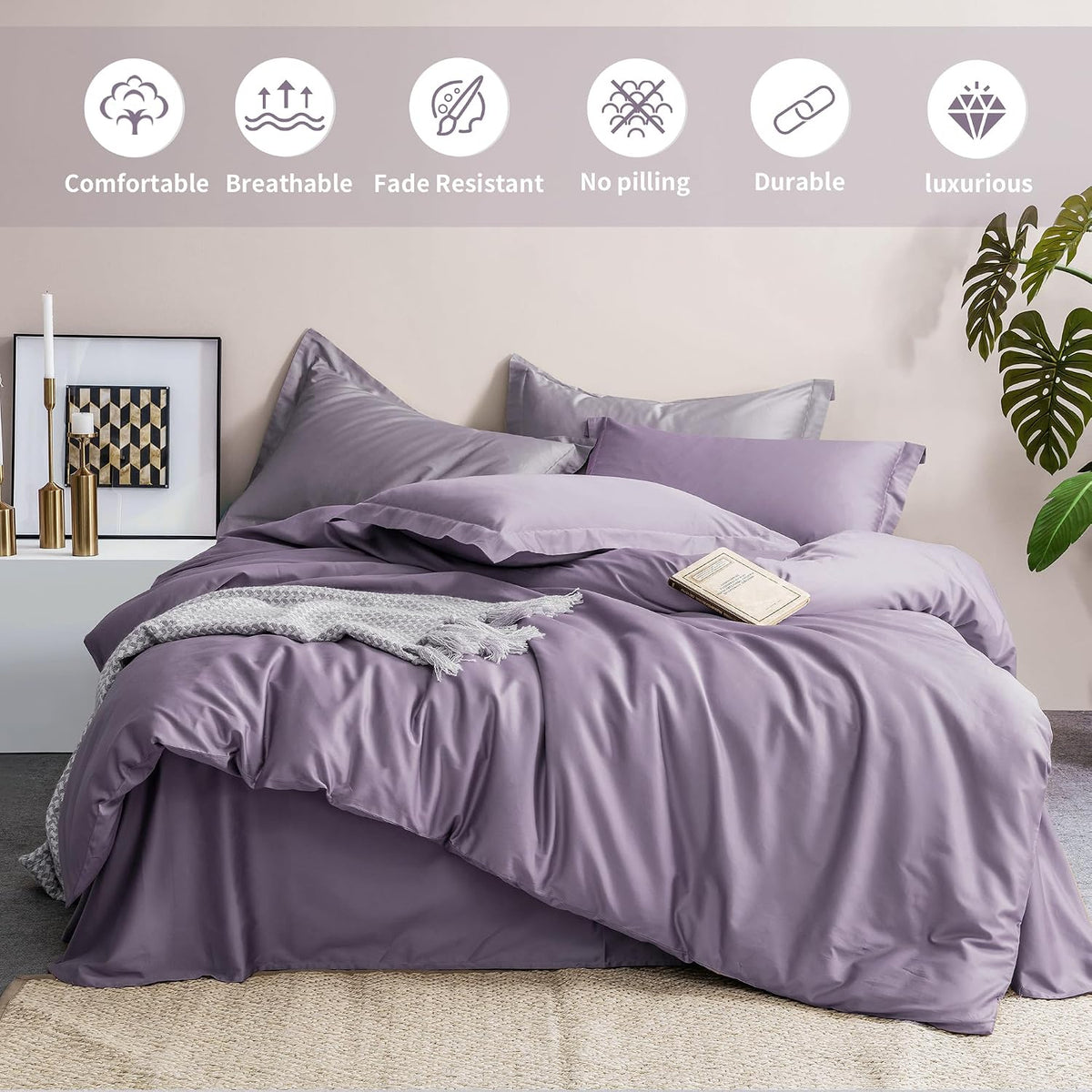 MILDLY King Duvet Cover Set Cotton Sateen Grayish Purple 3 Piece Open Box — manufacturer catalog reference
