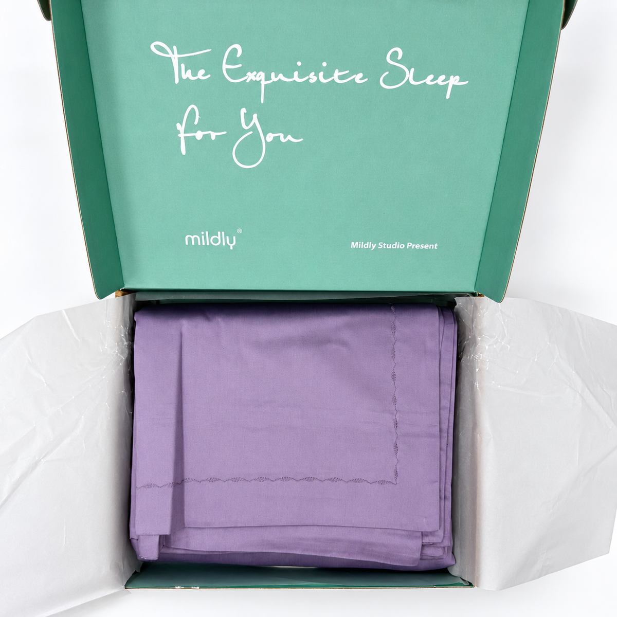MILDLY King Duvet Cover Set Cotton Sateen Grayish Purple 3 Piece Open Box — actual item photograph