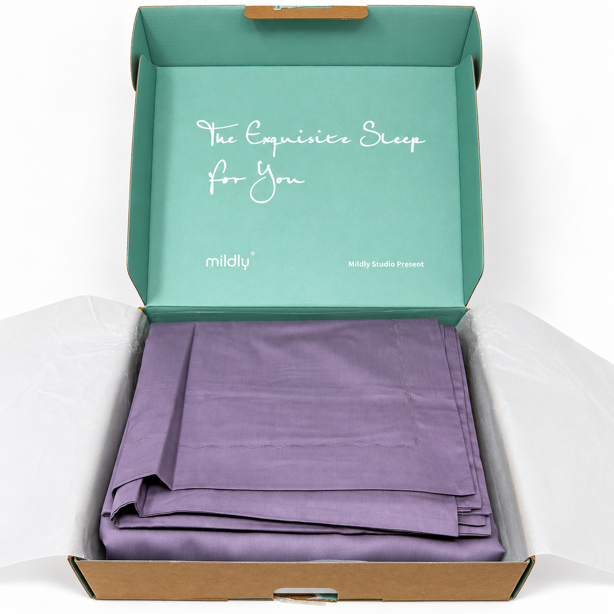 MILDLY King Duvet Cover Set Cotton Sateen Grayish Purple 3 Piece Open Box — actual item photograph