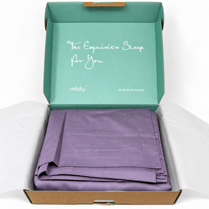 MILDLY King Duvet Cover Set Cotton Sateen Grayish Purple 3 Piece Open Box — actual item photograph