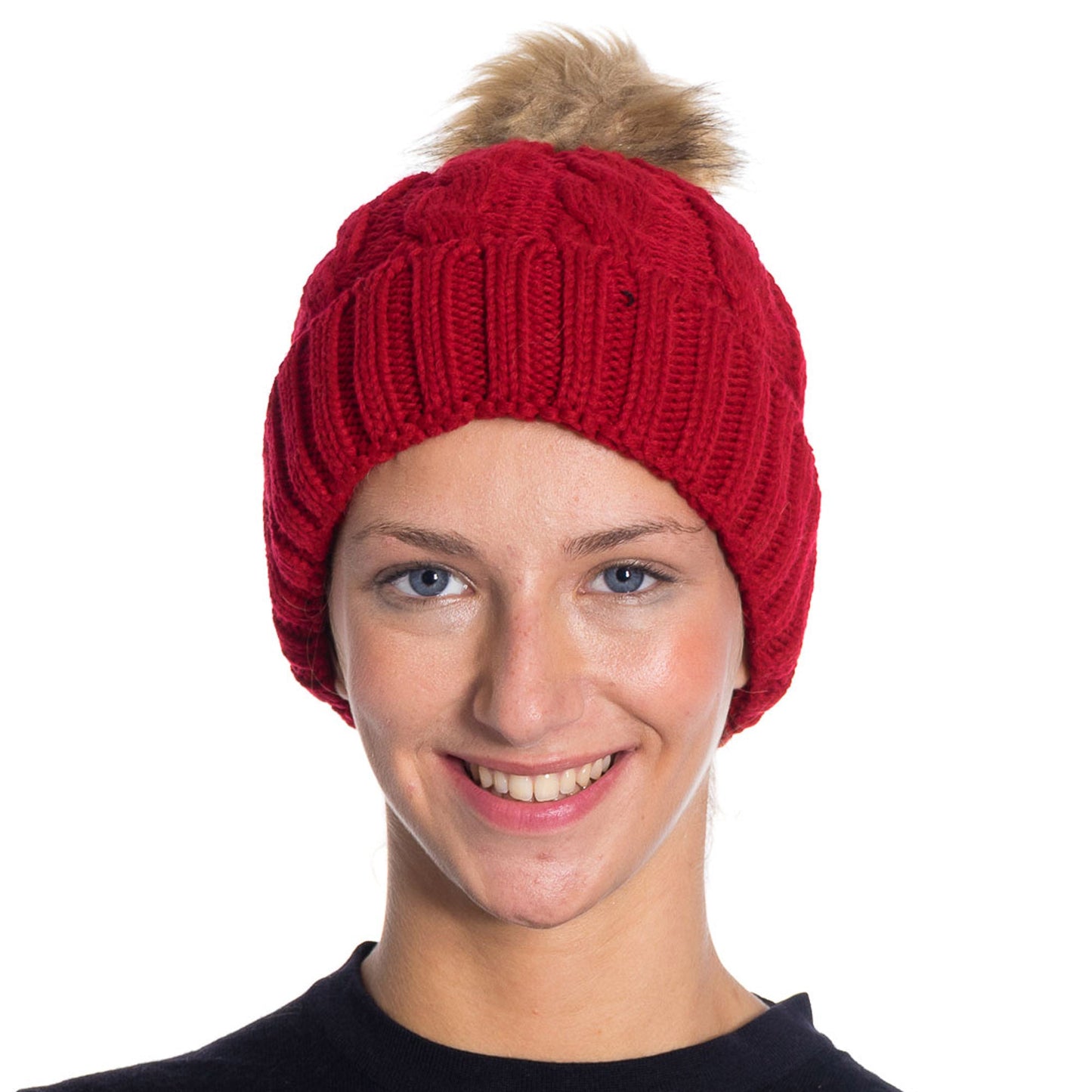 Women's Winter Knit Slouch Beanie Hat with Faux Fur Pom Warm Soft Stretch One Size