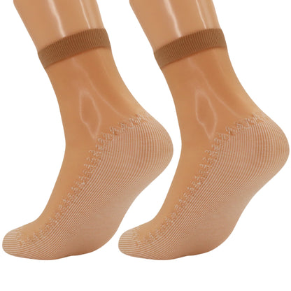Women's anti-slip sheer mesh ankle socks with cotton sole, 3 pairs, in beige