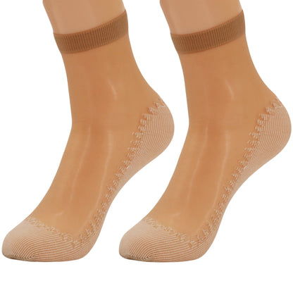 Women's anti-slip sheer ankle socks with cotton sole, 6 pairs, in beige