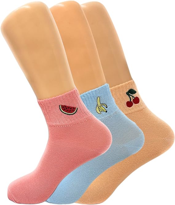 3 Pairs Women’s Cotton Mini Half Crew Socks Size 5-9 Thin Breathable Embroidered