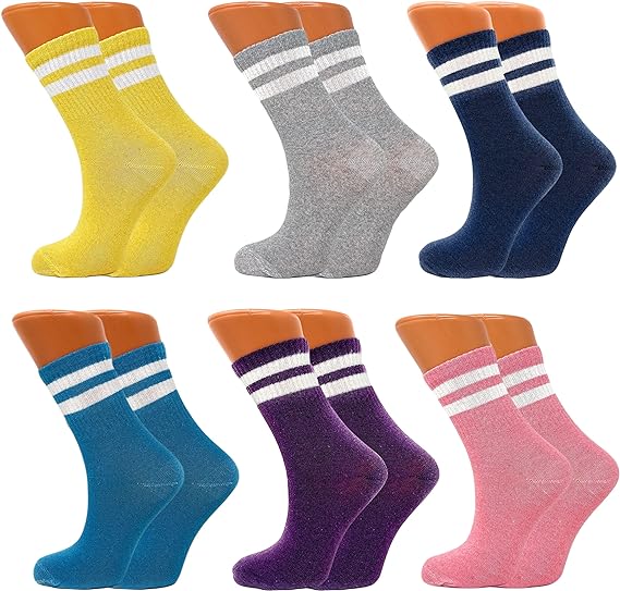 Womens Cotton Crew Socks 6 Pairs Lightweight Breathable Athletic Striped Design