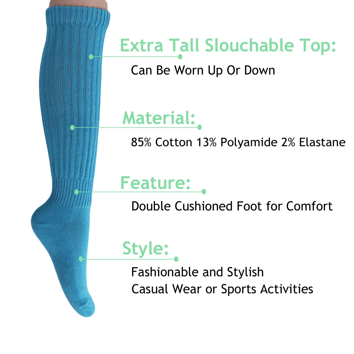 Turquoise Blue Slouch Socks for Women 1 to 6 Pairs Cotton Retro Style Fits Size 5-10