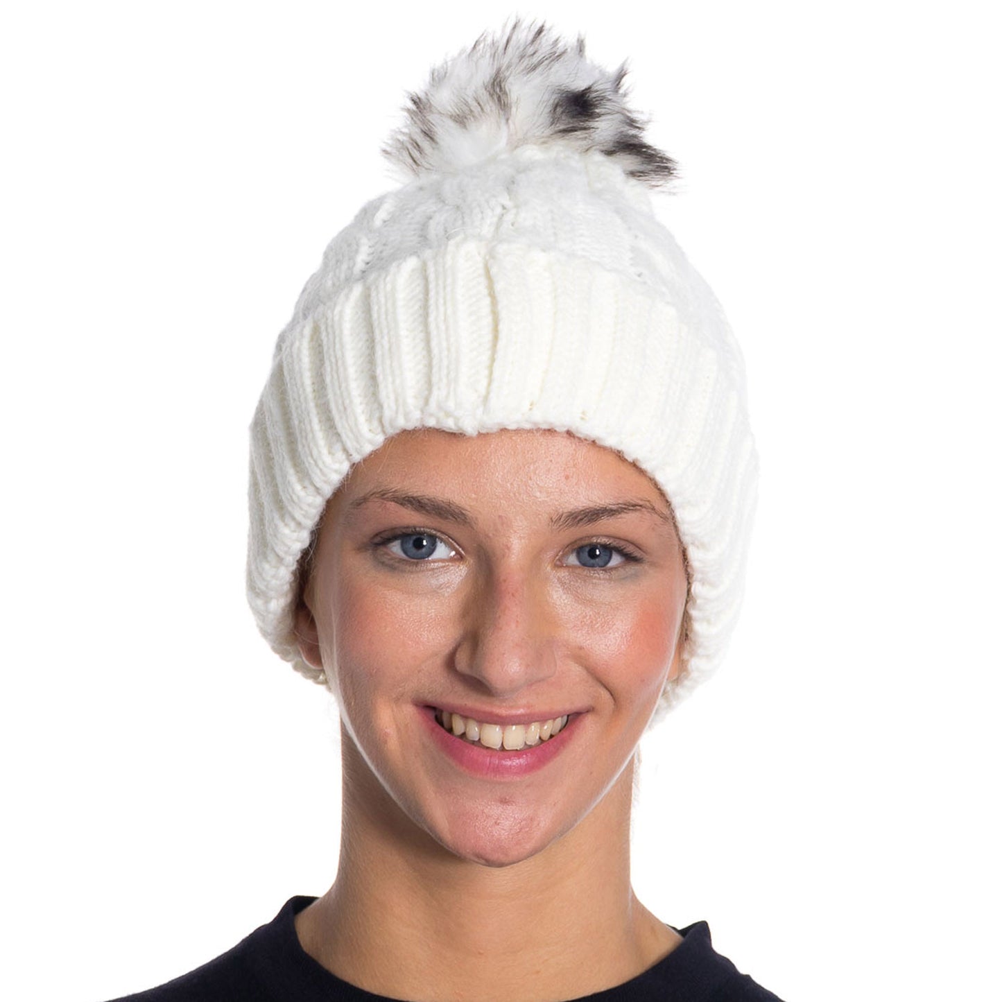 Women's Winter Knit Slouch Beanie Hat with Faux Fur Pom Warm Soft Stretch One Size